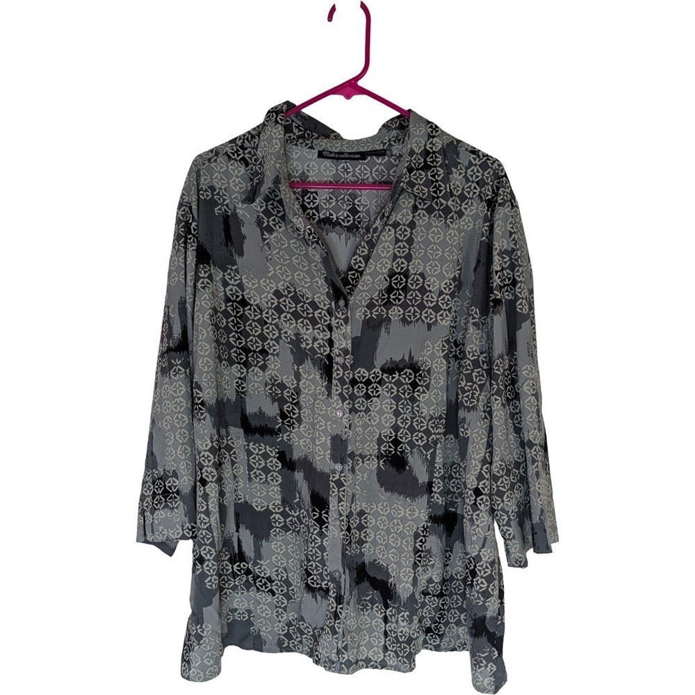 Club Z Collection Button Up Womens 3X Gray Black Geometric Abstract 3/4 Sleeve